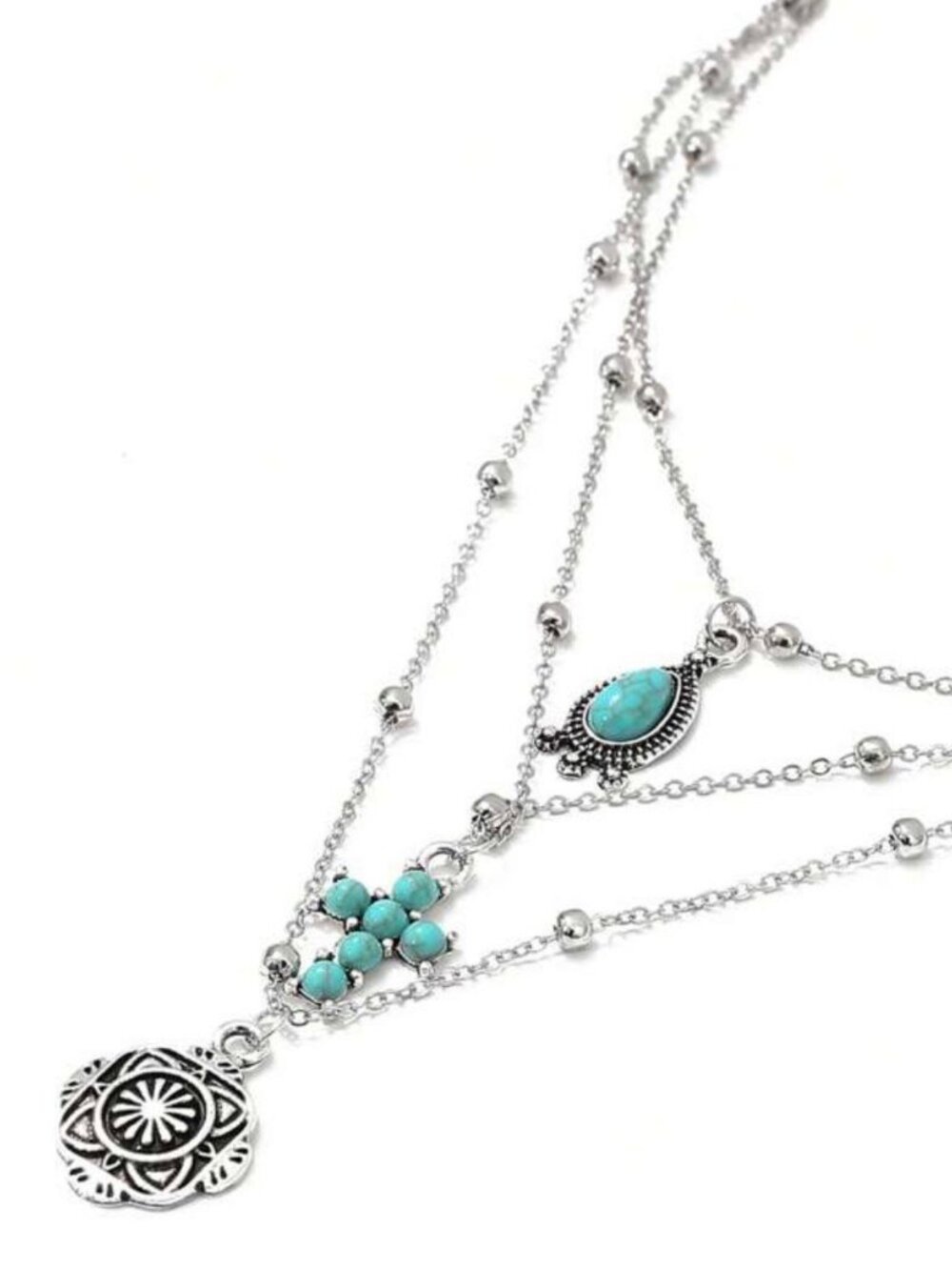 Turquoise 3 Layer Silver Tone Necklace Beaded Boho Medallion Pendant